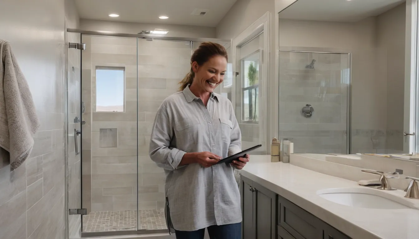 Friendly local provider and homeowner reviewing a bathroom remodel plan in a bright updated bathroom in Oakland